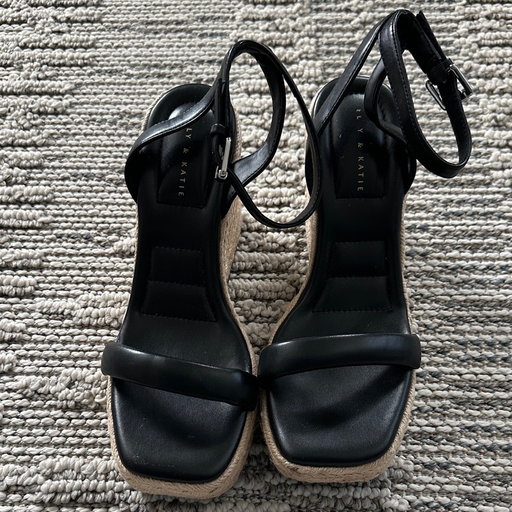 Kelly & Katie Black Espadrille Platform Sandals with Ankle Strap